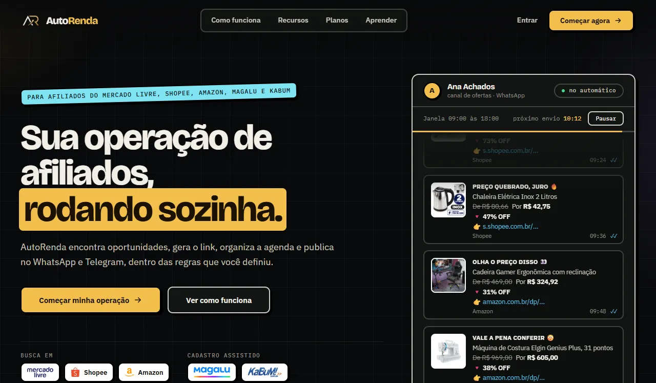 Página inicial do AutoRenda com o painel de um canal publicando ofertas no WhatsApp e o botão Começar minha operação