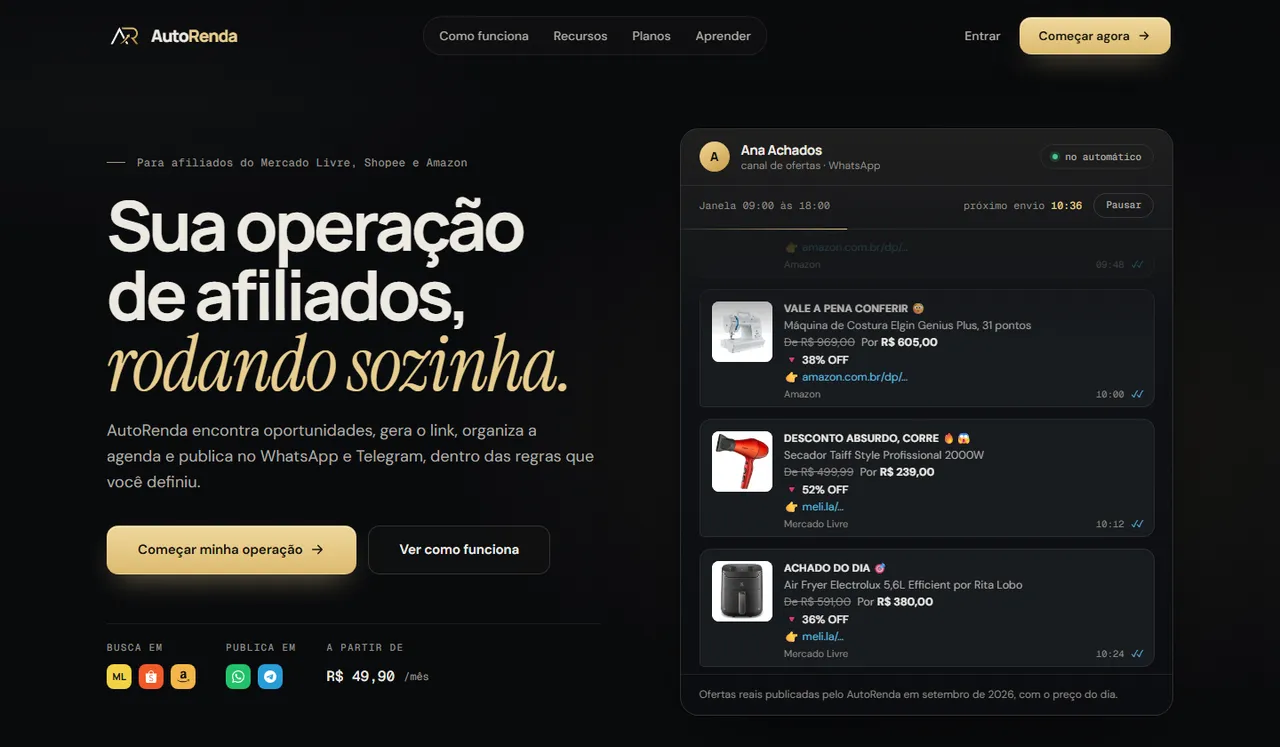 Página inicial do AutoRenda mostrando ofertas publicadas automaticamente no WhatsApp