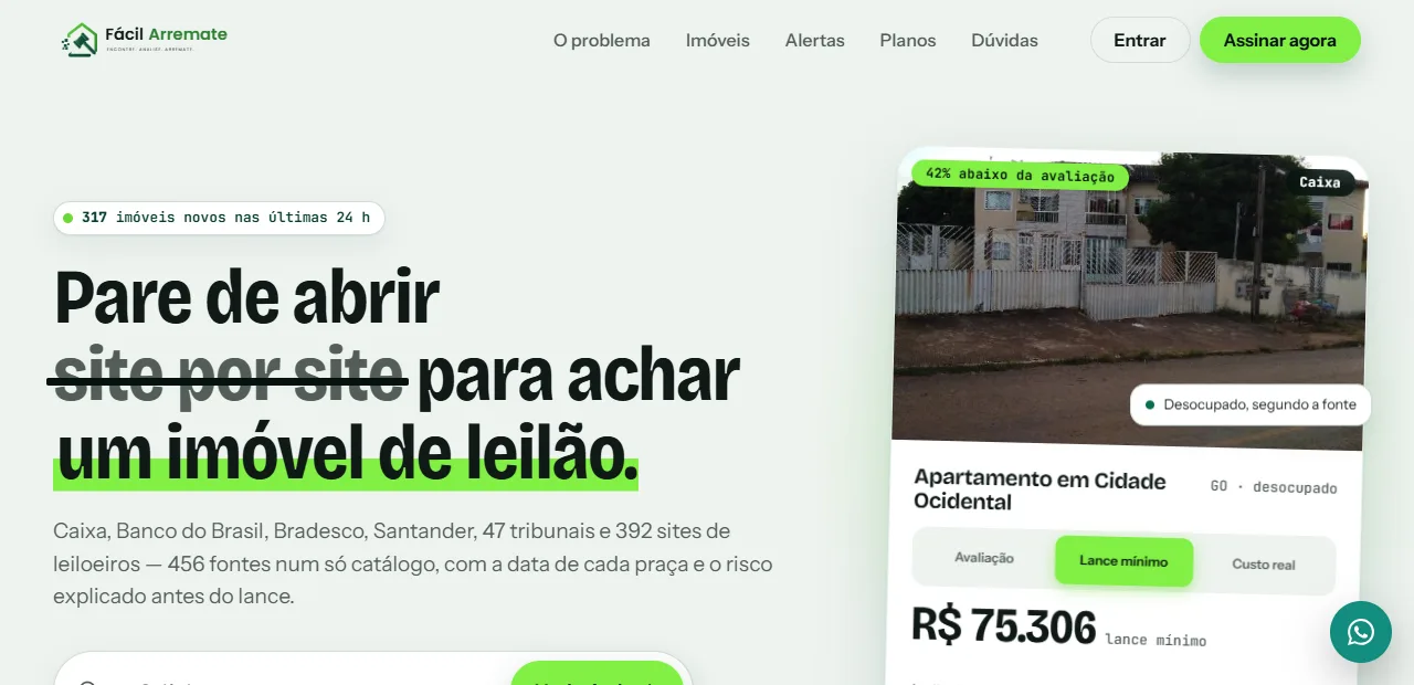 Página inicial do Fácil Arremate com busca de imóveis de leilão