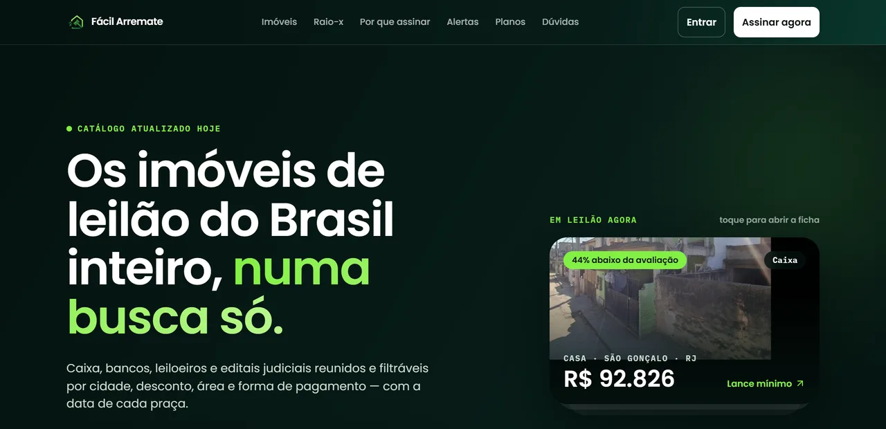 Página inicial do Fácil Arremate com busca de imóveis de leilão