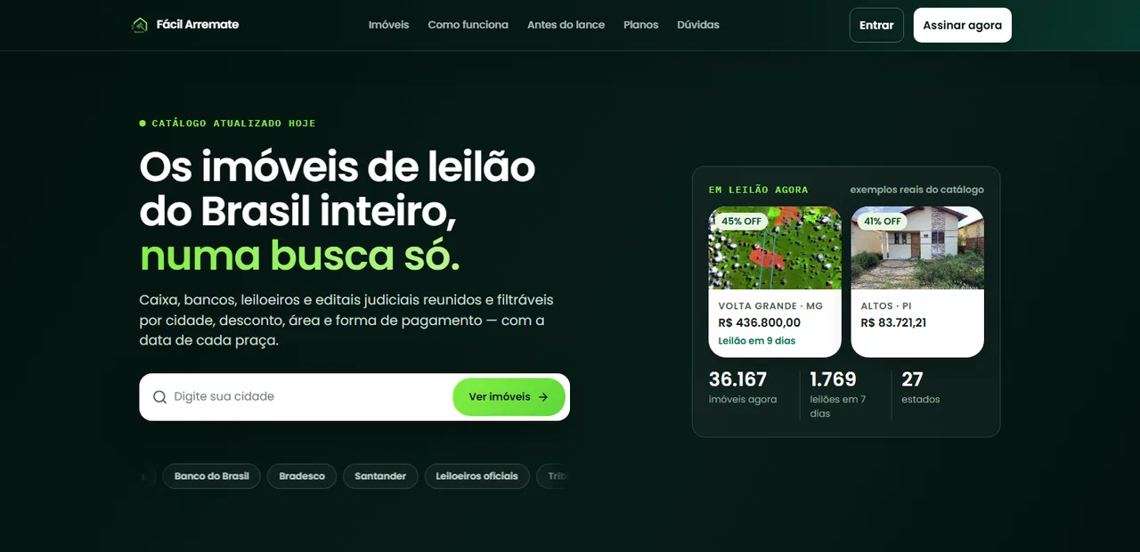 Página inicial do Fácil Arremate com busca de imóveis de leilão