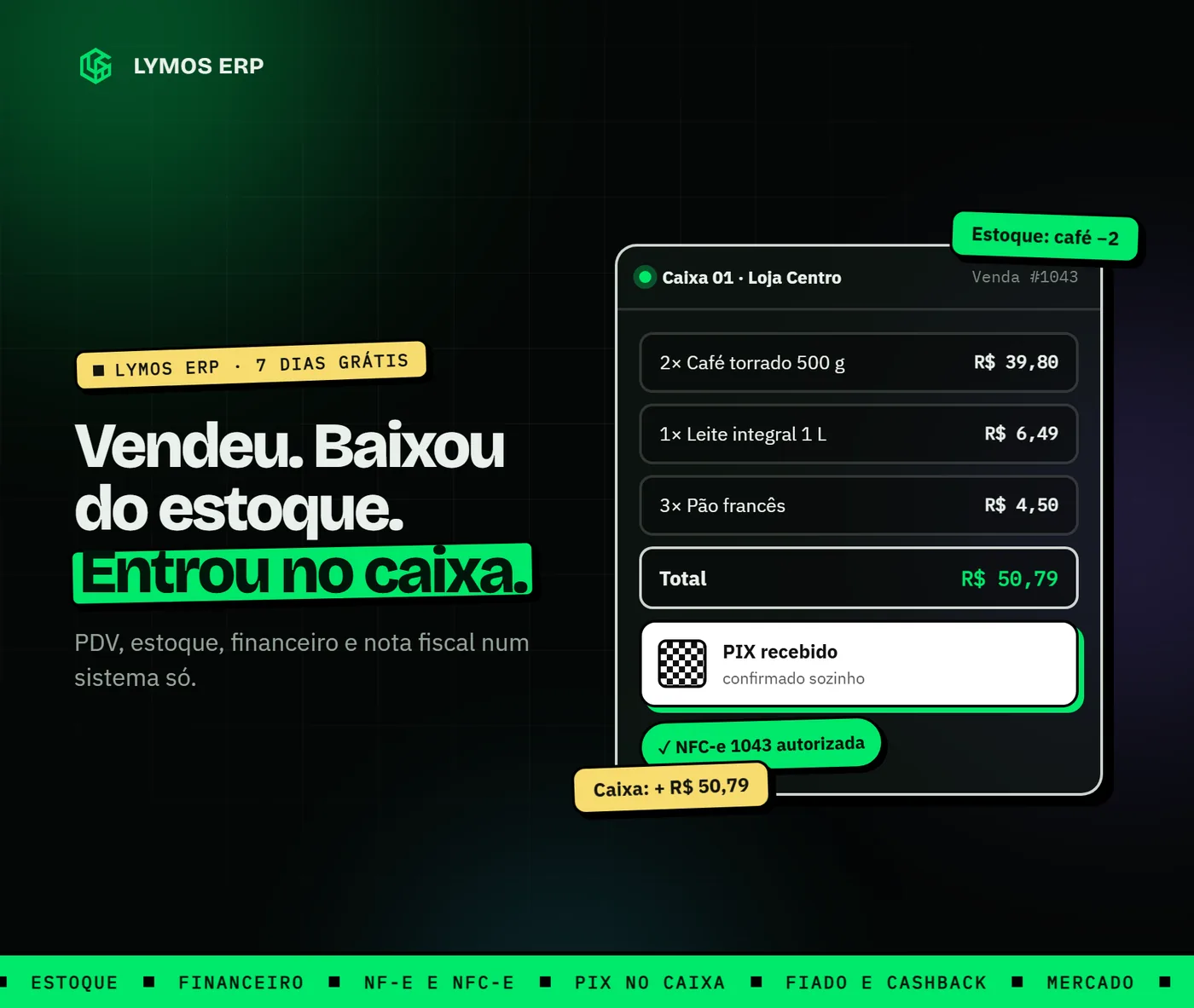 Tela de entrada do LYMOS ERP: venda no caixa com PIX recebido, nota autorizada e estoque baixado